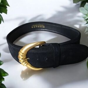 Express Black Suede Belt with Distinct Gold Curved Buckle